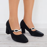Mollyshoe Pearl Mary Jane Pumps Chunky Heels Bowknot Closed Toe Dress Shoes