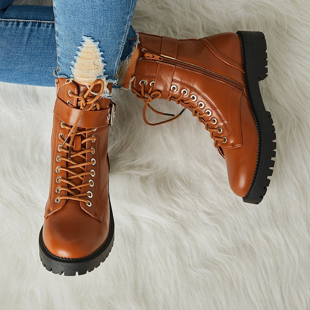 Mollyshoe Women's Fashion Buckle Combat Leather Boots