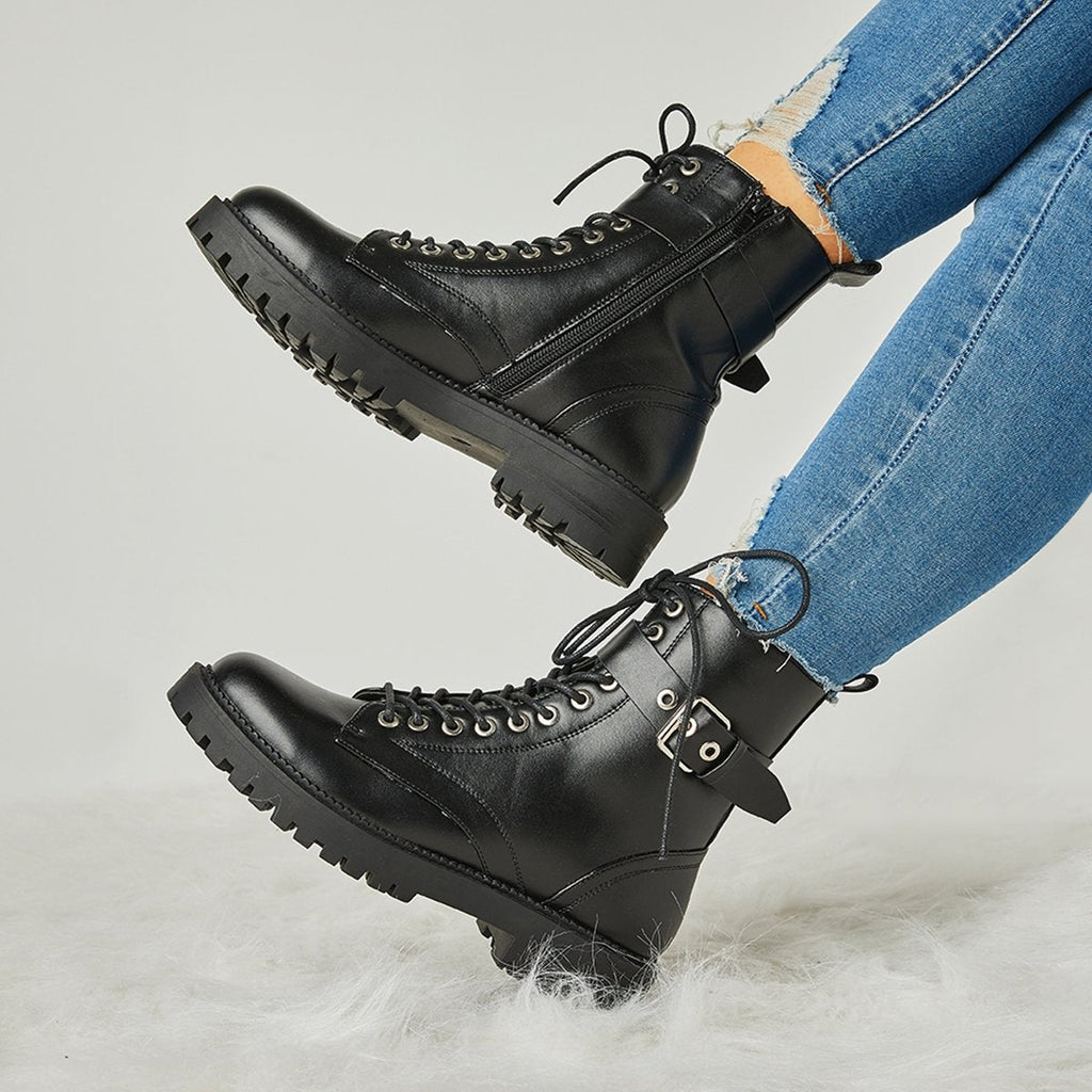 Mollyshoe Women's Fashion Buckle Combat Leather Boots