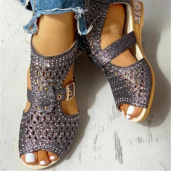 Mollyshoe Studded Hollow Out Peep Toe Buckled Sandals