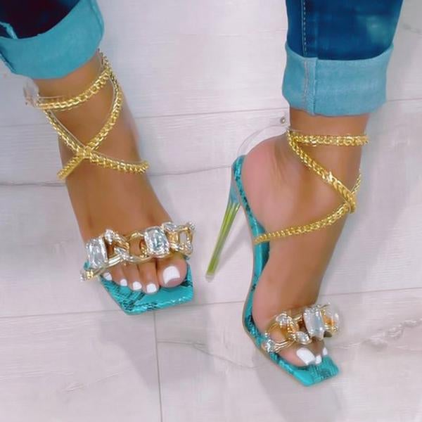 Mollyshoe Noble Gold Chain Large Crystal High Heel Sandals