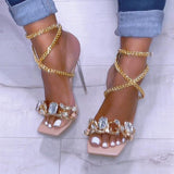 Mollyshoe Noble Gold Chain Large Crystal High Heel Sandals