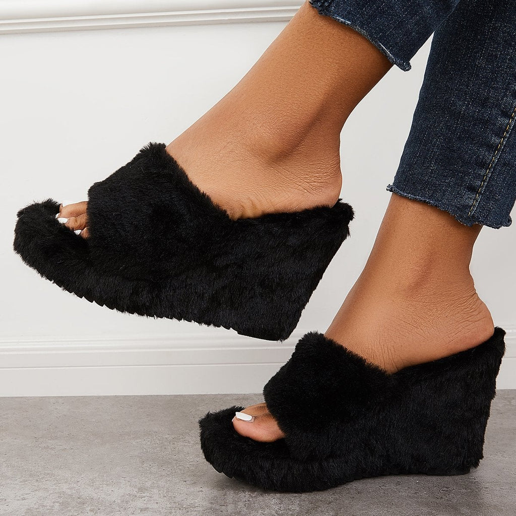Mollyshoe Faux Fur Wedge Slippers Furry Platform High Heel Slide Shoes