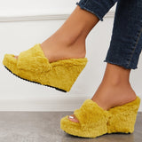 Mollyshoe Faux Fur Wedge Slippers Furry Platform High Heel Slide Shoes