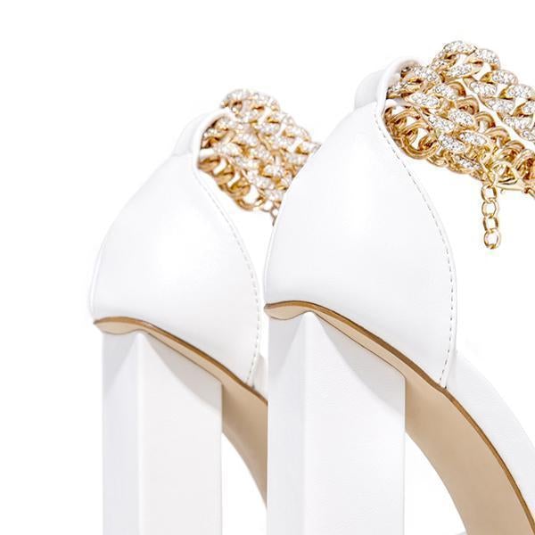 Mollyshoe Gold-Tone Chain Embellished Ankle Strap Chunky Heels