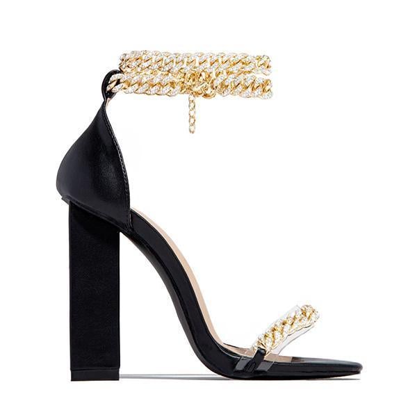 Mollyshoe Gold-Tone Chain Embellished Ankle Strap Chunky Heels