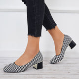 Mollyshoe Plaid Chunky Block Low Heel Pumps Square Toe Office Shoes