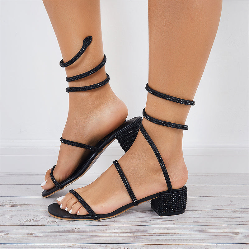 Mollyshoe Rhinestone Spiral Strappy Heels Open Toe Block Heel Sandals