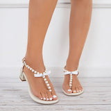 Mollyshoe Pearl T-Strap Block Heel Sandals Ankle Strap Flip Flops Sandals