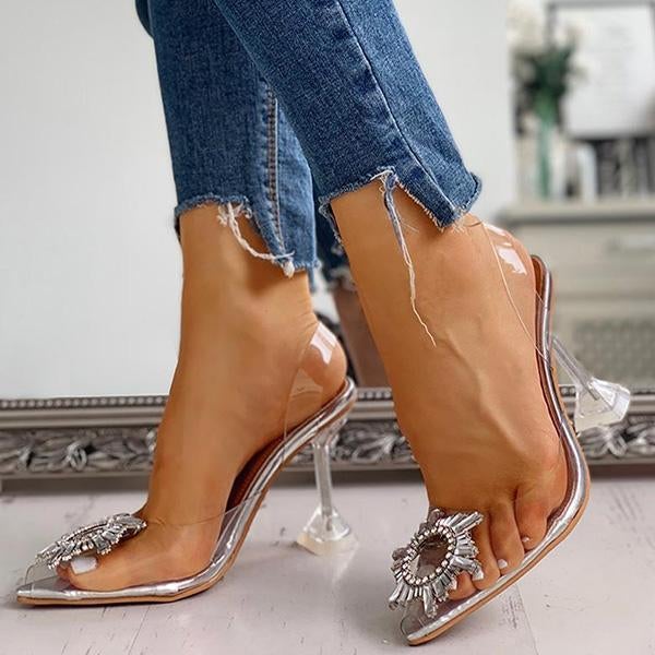 Mollyshoe Studded Pointed Toe Transparent Thin Heels