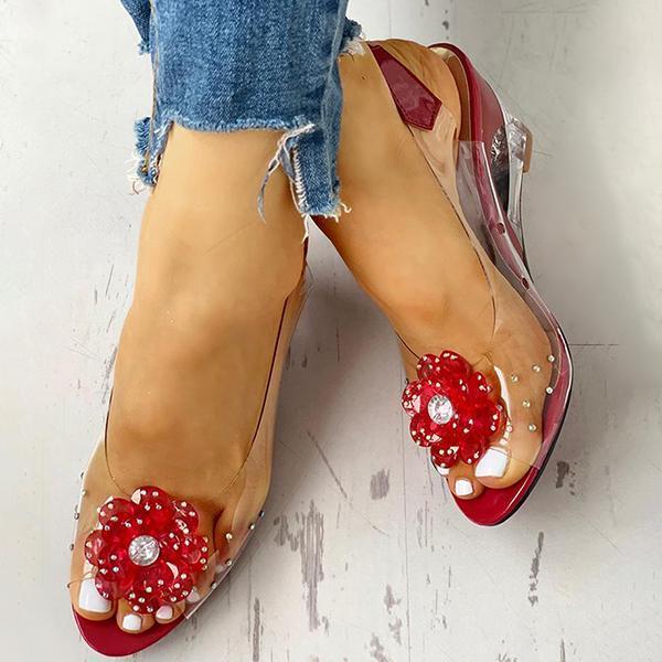 Mollyshoe Studded Flower Design Transparent Wedge Sandals