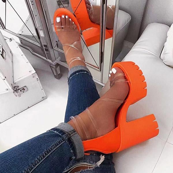 Mollyshoe Chunky Heel Zipper Open Toe Strappy See-Through Sandals
