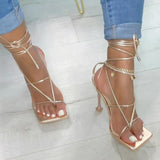 Mollyshoe Lace-Up Open Squared Toe Thong Strap Heels