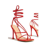 Mollyshoe Lace-Up Open Squared Toe Thong Strap Heels
