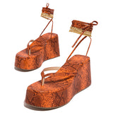 Mollyshoe Ankle Chain Lace-Up Thong Entry Wedge Platform Sandals