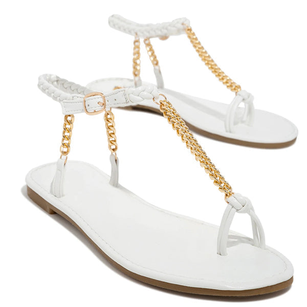 Mollyshoe Gold-Tone Chain Braided Ankle Strap Toe Loop Sandals