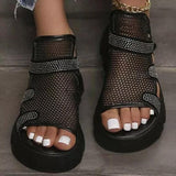 Mollyshoe Rhinestone Hollow-Out Velcro Solid Color Platform Sandals