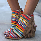 Mollyshoe Peep Toe Chunky Heel Zipper Stripe Sandals