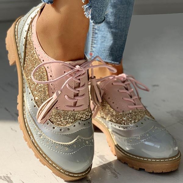 Mollyshoe Lace-Up Sequins Insert Chunky Heeled Boots